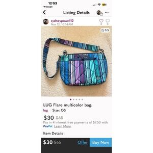 LUG‎ Flare Striped Crossbody Bag Multicolor Lightweight Travel Everyday Carryall